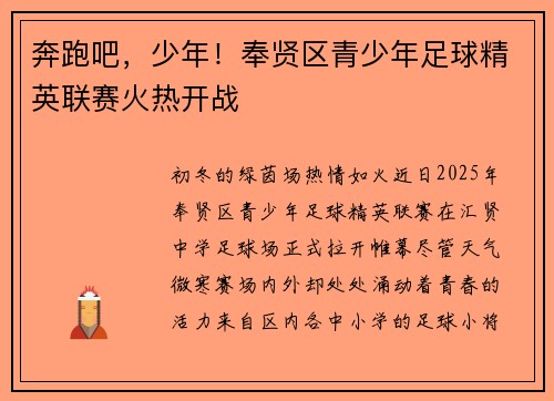 奔跑吧，少年！奉贤区青少年足球精英联赛火热开战